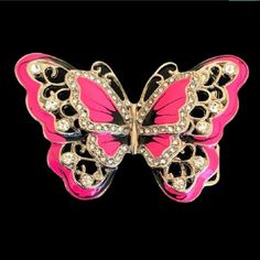 "PINK RHINESTONE COOL GLITTER BUTTERFLY BUTTERFLIES BELT BUCKLE BELTS BUCKLES Belt Buckle Size: 2.5\"(h) x 3.5\"(w) (metric 6.5 x 9 cm) Belt Buckles fit belt 1.5\" (metric 4 cm) in width." Mcbling Jewelry, Belts Aesthetic, Butterfly Belt, Glitter Butterfly, Papillon Rose, Just Style, Fit Ideas, Girly Stuff, Suspender Belt