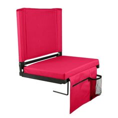 a pink folding chair with its seat open and the back section folded up to show it's inner compartment