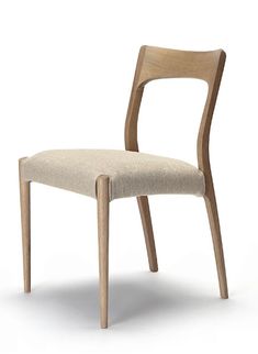 a wooden chair with a beige upholstered seat and back rest, viewed from the front