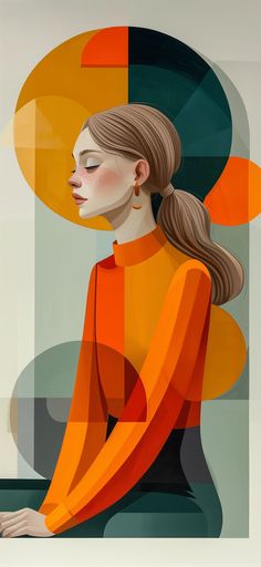 a painting of a woman in an orange dress with her hair pulled back and eyes closed