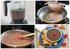 four different pictures show the process of making chocolate pudding