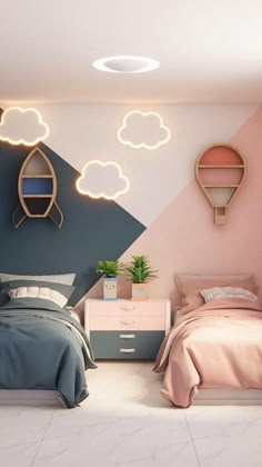 two beds in a room with pink, blue and white walls that have clouds painted on them