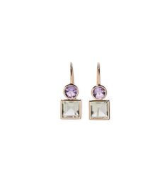 14k Pastille Earrings Amethyst and Green Amethyst. Fine gold earwires with faceted round purple and square green stones. Square Stone Earrings, Square Stone, Aquamarine Stone, Amethyst Earrings, Green Amethyst, Wire Earrings, Stone Earrings, Purple Amethyst, Semiprecious Stones