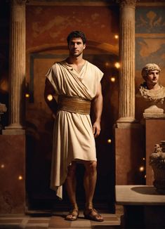 a man in an ancient greek costume standing next to some busturines and candles