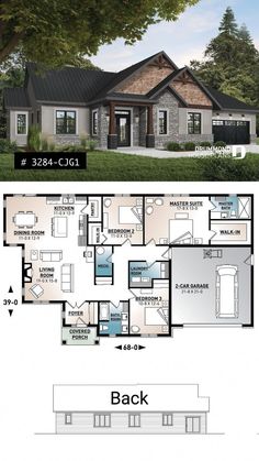 two story house plan with 2 car garage and living area in the back ground level