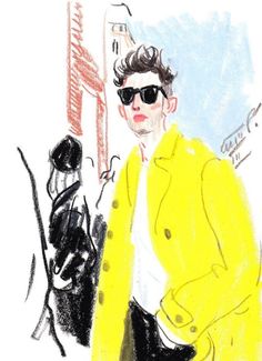 a drawing of a man wearing sunglasses and a yellow coat