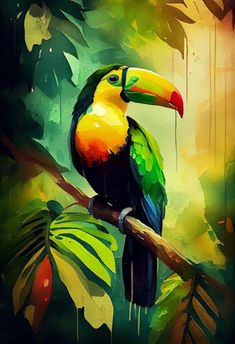 a painting of a colorful bird sitting on a tree branch in the jungle with leaves