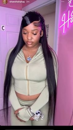 Swoop Lace Front Wig, Straight Hair With Braids Hairstyles, Lace Front Hairstyles Ponytail, Slick Wig Hairstyles, Slick Back Wig Hairstyles, Swoop Wig Hairstyles Black Women, 2 Braids On Wig, Side Part Frontal With Fishtail Braid, Swoop Frontal Hairstyles