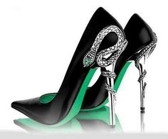 Slytherin Heels, Slytherin Shoes, Kasut Tumit Tinggi, Snake Shoes, Hak Tinggi, Snake Heels, Gianmarco Lorenzi, Red Bottom Shoes, Green Heels