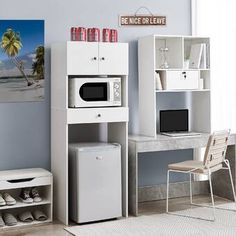 a microwave oven sitting on top of a white shelf next to a desk and chair