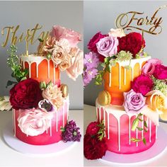 two cakes decorated with flowers and gold letters