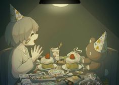 two people sitting at a table with desserts on it and one person holding up their hands