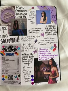 Song Artist Aesthetic, Sour Journal Olivia Rodrigo, Olivia Rodrigo Aesthetic Journal, Celebrity Journal Page, Olivia Rodrigo Scrapbook Ideas, Olivia Rodrigo Notebook Ideas, Diy Olivia Rodrigo Stuff, Concert Book Ideas, Olivia Rodrigo Journal Ideas