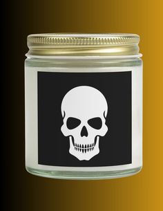 a glass jar with a skull on it and a black label in the bottom corner