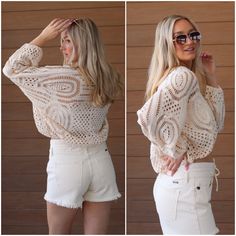 Summer nights in our Jessie Sweater. 🌆 This beauty is giving major Boho vibes in its crochet knit fabrication. Style with cream linen or denim shorts and your favorite sandals and you're good to go. #summersweaters #summernights #btqbleu #summerootd #knitsweater #creamsweater #shortsandsweatercombo #boutiquelook #bohovibes Tinted Aviator Sunglasses, Sweater Shorts, Boho Sweater, Summer Sweaters, Kimono Sleeves, Long Kimono, Cream Sweater