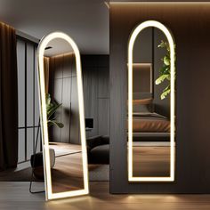 an illuminated mirror in the middle of a room with a bed and couch behind it