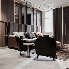 a modern living room with black and white furniture