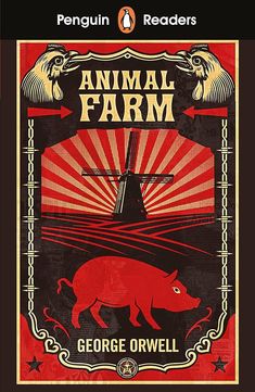 an animal farm book cover with the title's image in red and black,