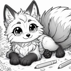 a cute little fox laying on the ground next to some crayon pencils