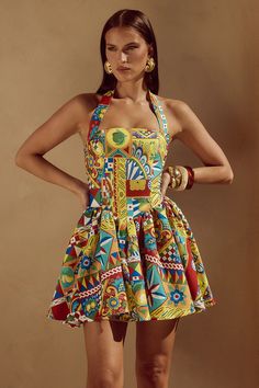 In a vibrant summer print, our Winslow Mini Dress features a curved waistline with ruching to create a full skirt for a feminine feel. Mini length- Halter neck- Curved seam with gathering through skirt- Centre back invisible zipper- Lined without stretch- 96% Polyester & 4% Spandex Model is 175cm and wears a size S Denim Accessories Jewelry, Maxi Tops, Summer Denim, Corsets And Bustiers, Denim Accessories, Summer Prints, Playsuit Romper, Womens Size Chart, Dress Shop