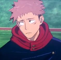 an anime character with pink hair wearing a red hoodie and looking at the camera