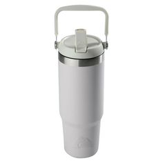 a white insulated beverage bottle with a handle