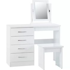 a white desk with a mirror and drawers