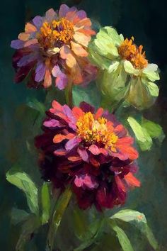 three colorful flowers in a vase on a table