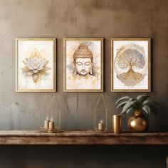 three paintings on the wall above a mantle with candles and a potted plant in front