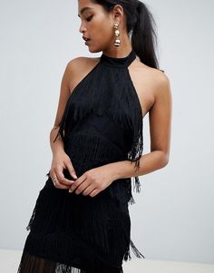 ASOS DESIGN halter midi fringe dress | ASOS 1920s Wedding Dress, Cowl Back Dress, Skater Mini Dress, Open Back Mini Dress, Black Dress With Sleeves, Mini Skater Dress, Asos Dress, Asos Dresses