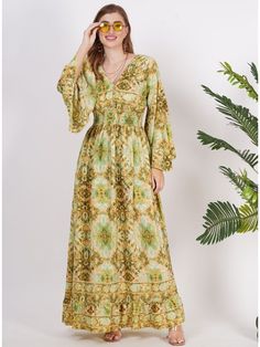 #ad Premium Bell Sleeve Maxi Dress for Women - Casual V Neck Button Down Printed Flowy Dress, Fashion Women's Dresses Maxi Dress Styling, Dress Styling Ideas, Silk Dress Sleeve, Beach Dresses Casual, Dress With Sleeve, Long Wrap Skirt, Material Art, Maxi Dress For Women, Gathered Dress