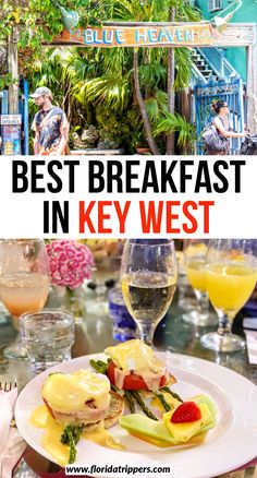 the best breakfast in key west is served on a white plate with fruit and vegetables