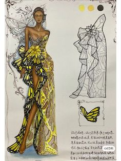 a drawing of a woman in a yellow dress with butterflies on the side and an image of a butterfly behind her