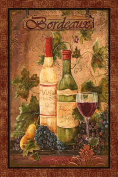 a painting of wine and grapes on a table