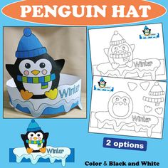 the penguin hat has two options for color and black and white paper to make it