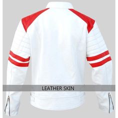 If you want to go for a posh and hip look, this trendsetting white men genuine leather jacket with red patches is the best thing for you this season. Looking at it, you will first notice the jacket's sheer style and the perfect combination of red and white. There are plenty of highlights in the jacket. Made with 100% genuine leather, the jacket comes with red shoulder patches and red pattern design on both arms. With a collarless, coat style lapel, the jacket has a side zip and stud epaulettes on the collar as well as the lapels. Moreover, there are four zipped pockets (two on each side). The Brando-style leather jacket is a must-have! At the Leather Skin Shop, our products are designed to perfection. With a meticulous eye for detail and a fusion of classic and contemporary leather jacket White Leather Jacket For Streetwear In Fall, White Leather Jacket For Fall Streetwear, White Long Sleeve Biker Outerwear, Casual White Leather Winter Jacket, Casual White Leather Jacket For Winter, White Long Sleeve Biker Jacket For Winter, White Fitted Leather Outerwear, Fitted White Leather Outerwear, White Leather Streetwear Outerwear