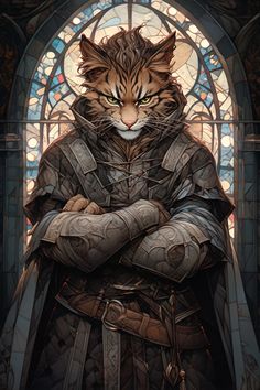 a painting of a cat dressed as a knight with his arms crossed, standing in front of a stained glass window