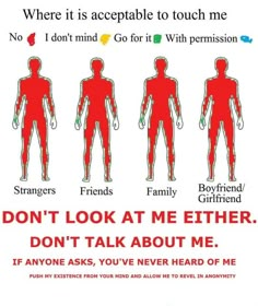 a poster with four different types of people in red and white, including the words don't look at me either