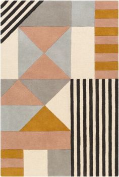 an abstract rug with different colors and shapes on it's sides, including black, beige