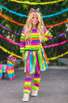 Rainbow Piñata Girl Costume 4 Piece Set Pom Pom Skirts For Kids, Book Week Unicorn Costume, Mid Fit Toys Dyi Costumes, Luli Pampin Dress, Garbage Bag Dress For Kids, Llama Llama Costume Teacher, Toy Costumes For Kids, Alphabet Fancy Dress, Pinata Headband