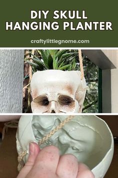 DIY Skull Hanging Planter: Spooky and Stylish Home Decor Static Pin. Diy Halloween Planter Ideas, Halloween Hanging Planter Ideas, Diy Gothic Planter, Skull Home Decor, Halloween Planter Ideas, Creepy Plants Halloween Diy, Skull Planter Diy, Diy Skull Decor, Hanging Skull Planter