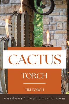 the words cactus torch are displayed in front of an outdoor fireplace with flames coming from it