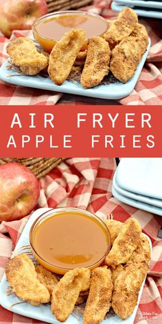 air fryer apple frittes on a plate with dipping sauce