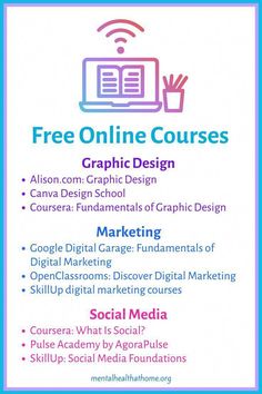 a flyer with the text free online courses and graphic design for digital media, social media,