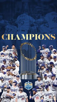 the los angeles dodgers pose with the world series trophy