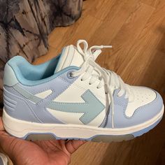 White & Blue Out Of Office Sneakers For 450$ Out Of Office Sneakers, Off White Out Of Office, Office Sneakers, Off White Shoes, Out Of Office, Baby Sneakers, Walker Boots, Shoes White, White Out