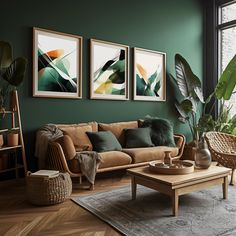 a living room with green walls and furniture