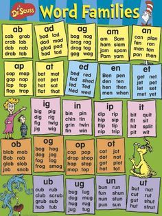 the dr seuss word families poster is shown with words in different colors and sizes