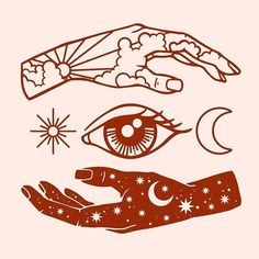 two hands holding an eye and stars in the sky