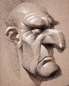 an old drawing of a man's face with his hands on his chins